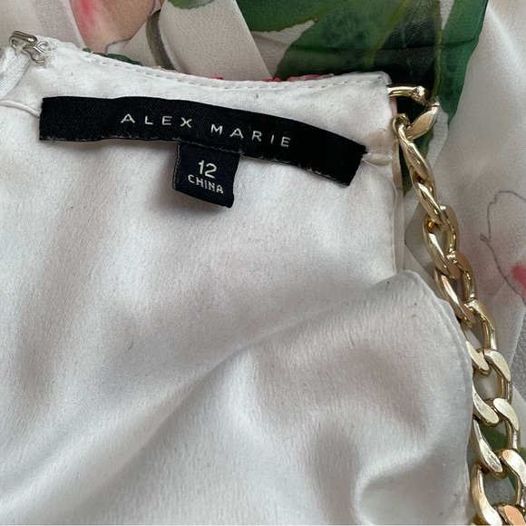 Alex Marie Ivory Floral Pleated Hi Low Gold Chain Strap Maxi Dress Sz 12 - Picture 10 of 11